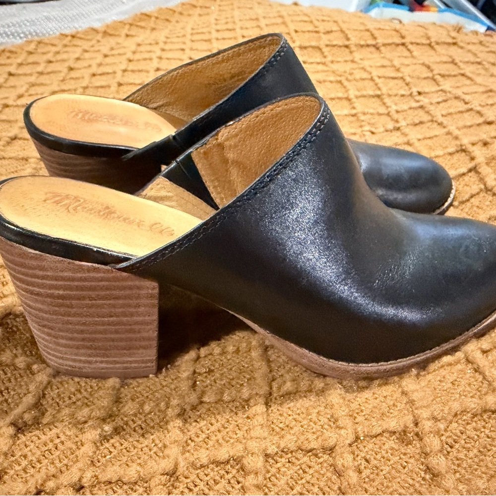 Madewell Black Leather Wood Heel Mules